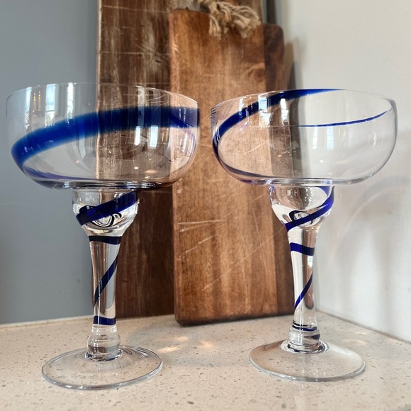 Vintage Pier 1 Blue Swirl Margarita Glasses Set of 2 - Picture 1 of 10
